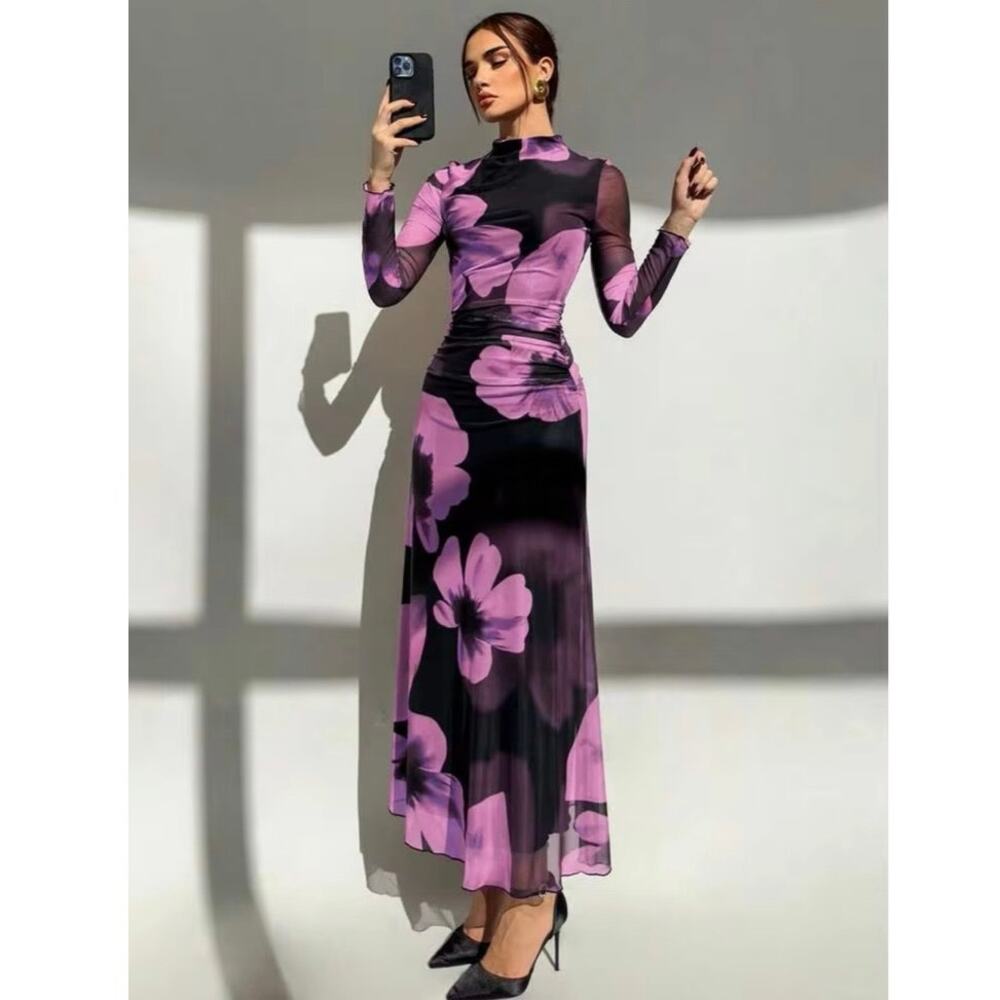 Aloruh New Floral Print Mesh Long Sleeve Fitted Party Dress